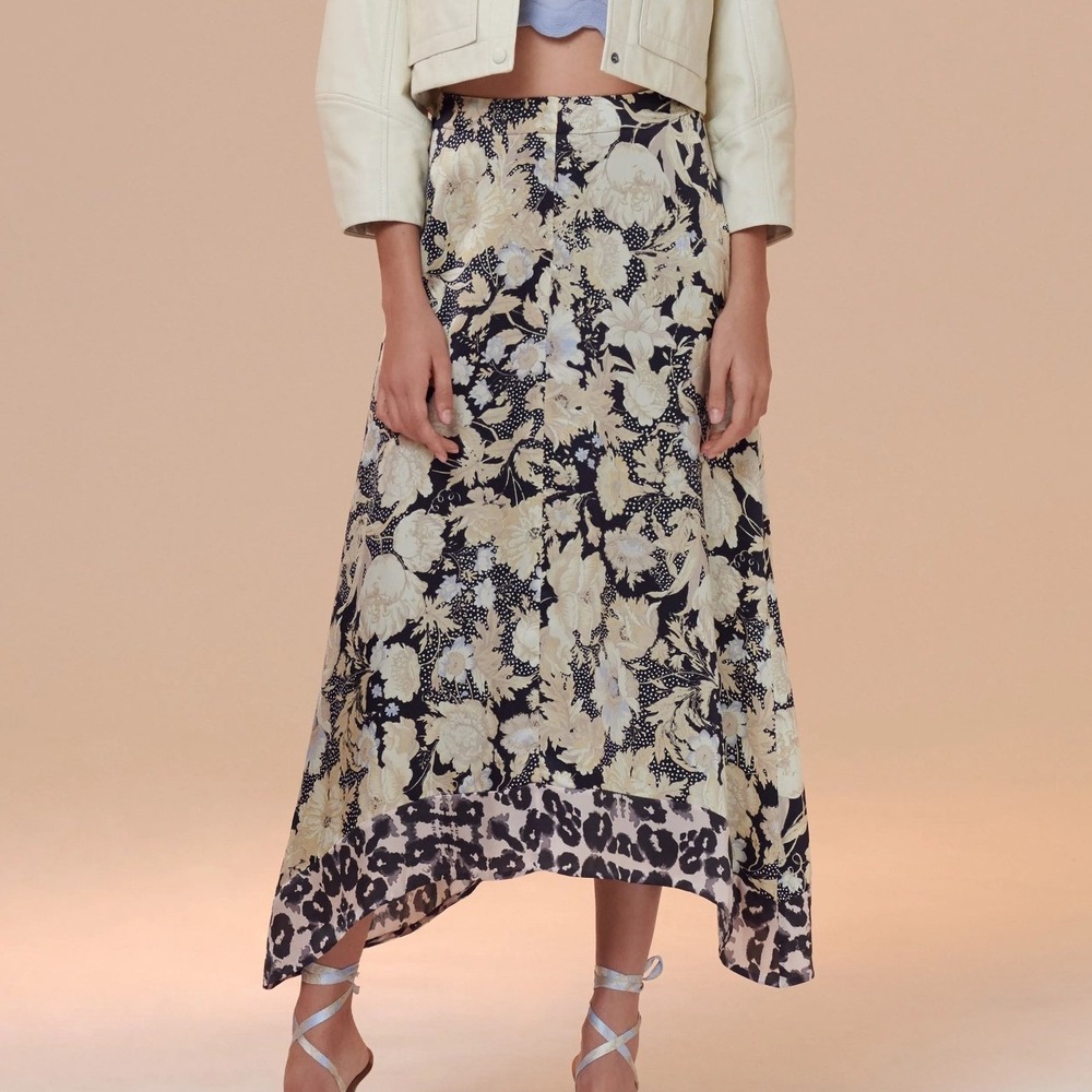 Rebecca Taylor 100% Silk Floral Leopard Asymmetric Midi Skirt Size 12